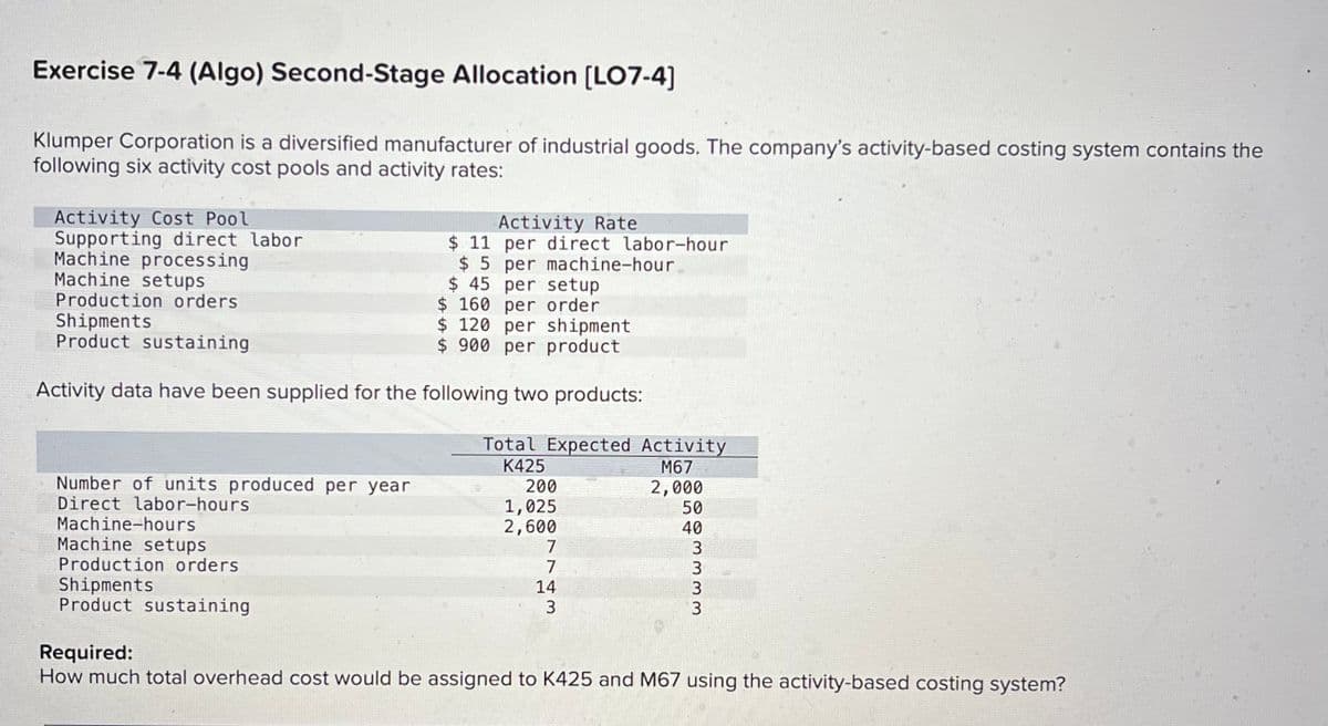 Exercise 7-4 (Algo) Second-Stage Allocation [LO7-4]
Klumper Corporation is a diversified manufacturer of industrial goods. The company's activity-based costing system contains the
following six activity cost pools and activity rates:
Activity Cost Pool
Supporting direct labor
Machine processing
Machine setups
Number of units produced per year
Direct labor-hours
Activity Rate
$ 11 per direct labor-hour
$5 per machine-hour
$ 45
Production orders
Shipments
$ 120 per shipment
Product sustaining
$ 900 per product
Activity data have been supplied for the following two products:
Machine-hours
Machine setups
Production orders
Shipments
Product sustaining
per setup
$ 160 per order
Total Expected Activity
K425
M67
2,000
200
1,025
2,600
7
7
14
3
50
40
3 3 3 3
Required:
How much total overhead cost would be assigned to K425 and M67 using the activity-based costing system?