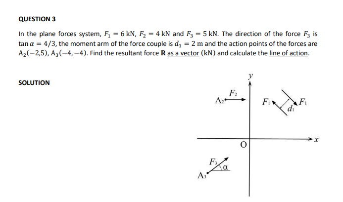 QUESTION 3
In the plane forces system, F, = 6 kN, F2 = 4 kN and F3 = 5 kN. The direction of the force F3 is
tan a = 4/3, the moment arm of the force couple is d, = 2 m and the action points of the forces are
A2(-2,5), A3(-4, -4). Find the resultant force R as a vector (kN) and calculate the line of action.
SOLUTION
A:
F
Fi
F
As
