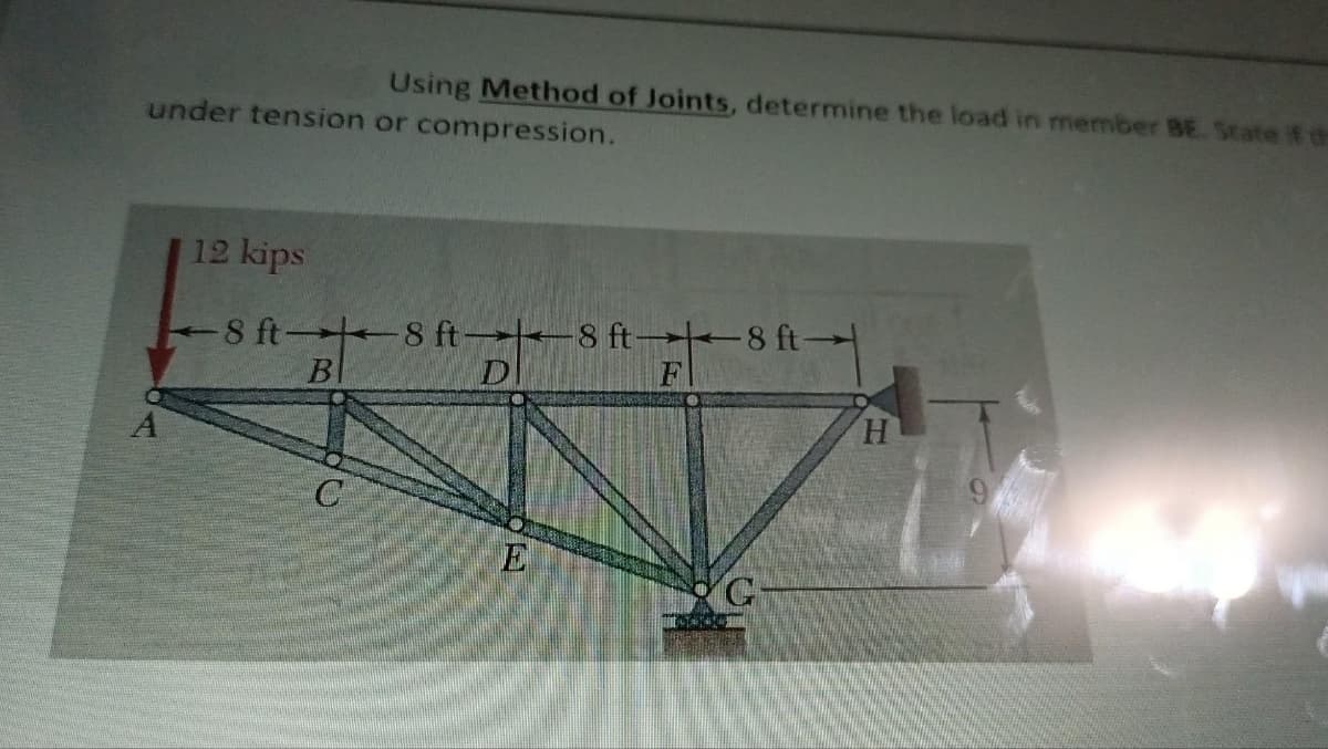 Using Method of Joints, determine the load in member BE. State if d
under tension or compression.
12 kips
8 ft-8 ft-8 ft-8 ft
B
F
O
E
G
H