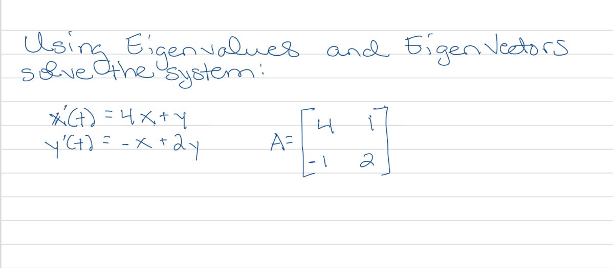 Using Eigenvalues and Eigen Veetors
shve Othe system:
*G) = 4X+Y
A=
2
