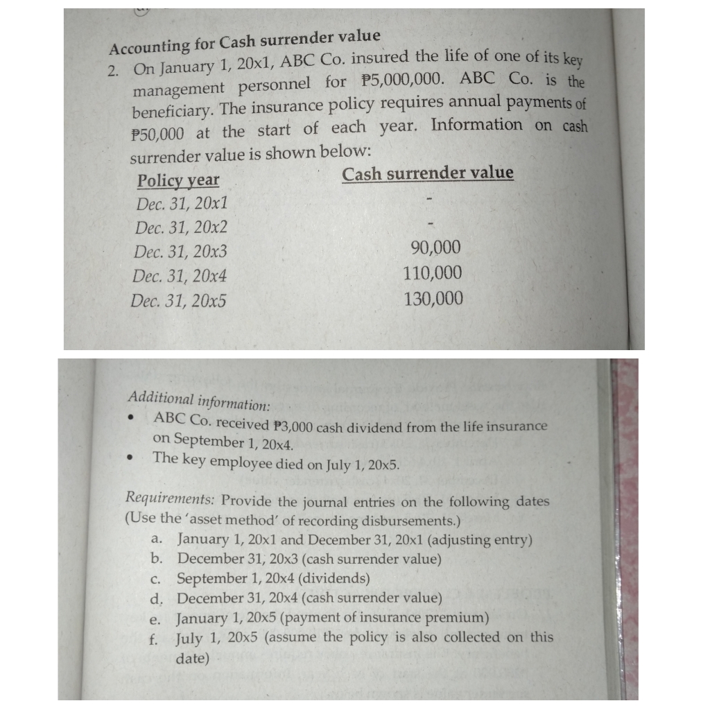 Accounting for Cash surrender value
2. On January 1, 20x1, ABC Co. insured the life of one of its key
management personnel for P5,000,000. ABC Co. is the
beneficiary. The insurance policy requires annual payments of
P50,000 at the start of each year. Information on cash
surrender value is shown below:
Cash surrender value
Policy year
Dec. 31, 20x1
Dec. 31, 20x2
90,000
110,000
Dec. 31, 20x3
Dec. 31, 20x4
130,000
Dec. 31, 20x5
Additional information:
ABC Co. received P3,000 cash dividend from the life insurance
on September 1, 20x4.
The key employee died on July 1, 20x5.
Requirements: Provide the journal entries on the following dates
(Use the 'asset method' of recording disbursements.)
a. January 1, 20x1 and December 31, 20x1 (adjusting entry)
b. December 31, 20x3 (cash surrender value)
c. September 1, 20x4 (dividends)
d. December 31, 20x4 (cash surrender value)
e. January 1, 20x5 (payment of insurance premium)
f. July 1, 20x5 (assume the policy is also collected on this
date)
