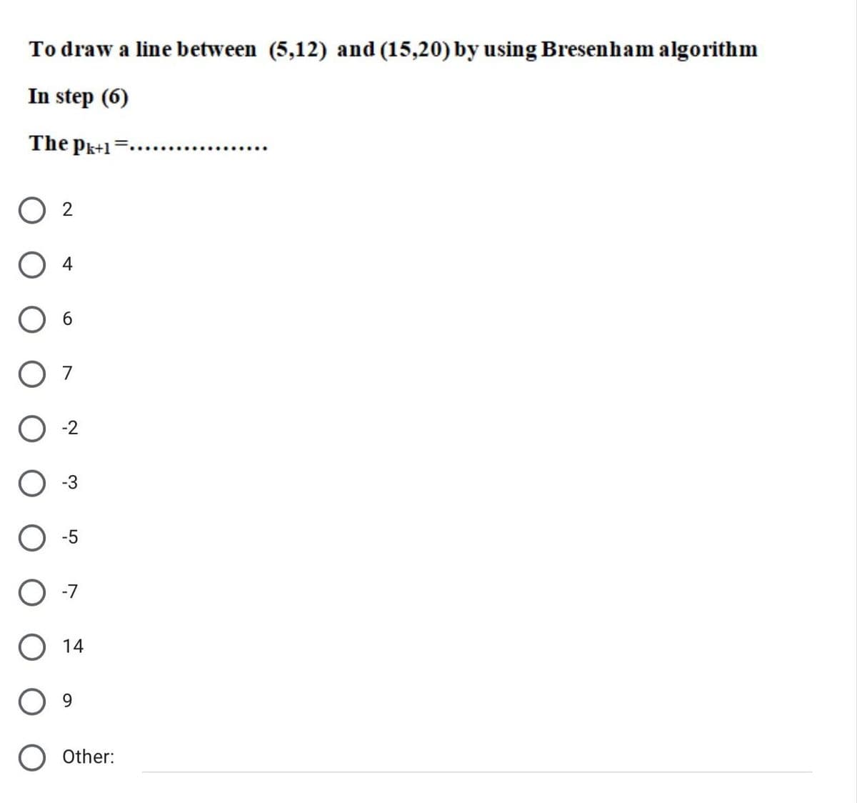 To draw a line between (5,12) and (15,20) by using Bresenham algorithm
In step (6)
The Pk+1
4
6.
7
-2
-5
O -7
O 14
Other:
