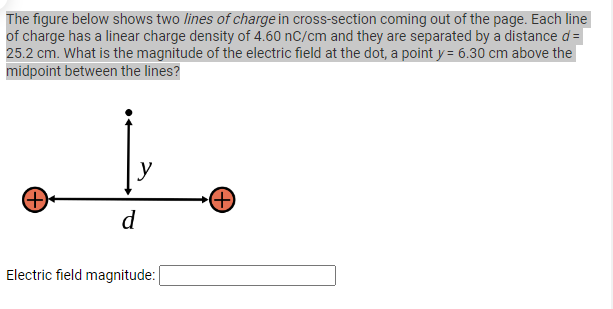 The figure below shows two lines of charge in cross-section coming out of the page. Each line
of charge has a linear charge density of 4.60 nC/cm and they are separated by a distance d=
25.2 cm. What is the magnitude of the electric field at the dot, a point y = 6.30 cm above the
midpoint between the lines?
+
y
d
Electric field magnitude: