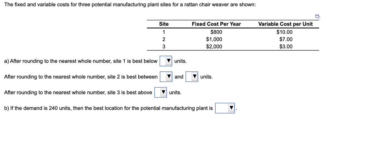 The fixed and variable costs for three potential manufacturing plant sites for a rattan chair weaver are shown:
a) After rounding to the nearest whole number, site 1 is best below
After rounding to the nearest whole number, site 2 is best between
After rounding to the nearest whole number, site 3 is best above
Site
1
2
3
units.
and
units.
Fixed Cost Per Year
$800
$1,000
$2,000
units.
b) If the demand is 240 units, then the best location for the potential manufacturing plant is
Variable Cost per Unit
$10.00
$7.00
$3.00
