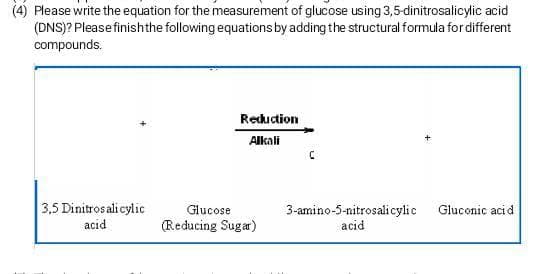 (4) Please write the equation for the measurement of glucose using 3,5-dinitrosalicylic acid
(DNS)? Please finish the following equations by adding the structural formula for different
compounds.
3,5 Dinitrosalicylic
acid
Reduction
Alkali
Glucose
(Reducing Sugar)
3-amino-5-nitrosalicylic Gluconic acid
acid