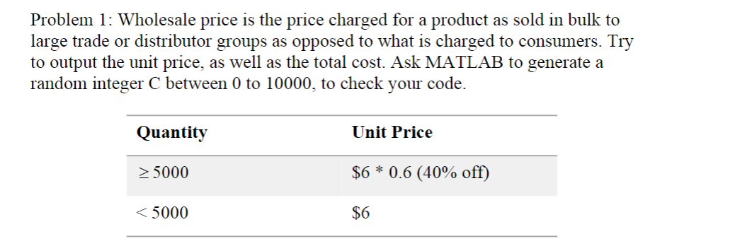 Problem 1: Wholesale price is the price charged for a product as sold in bulk to
large trade or distributor groups as opposed to what is charged to consumers. Try
to output the unit price, as well as the total cost. Ask MATLAB to generate a
random integer C between 0 to 10000, to check your code.
Quantity
≥ 5000
<5000
Unit Price
$6 * 0.6 (40% off)
$6