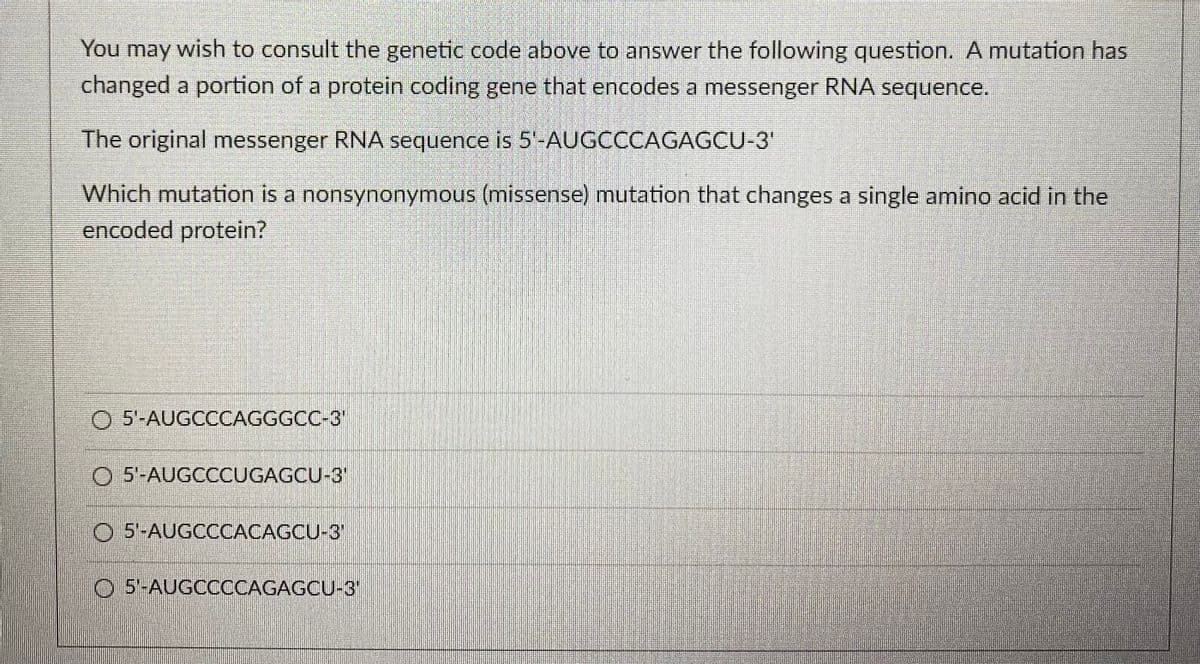 You may wish to consult the genetic code above to answer the following question. A mutation has
changed a portion of a protein coding gene that encodes a messenger RNA sequence.
The original messenger RNA sequence is 5-AUGCCCAGAGCU-3'
Which mutation is a nonsynonymous (missense) mutation that changes a single amino acid in the
encoded protein?
O 5-AUGCCCAGGGCC-3'
O 5'-AUGCCCUGAGCU-3'
O 5'-AUGCCCACAGCU-3
5'-AUGCCCCAGAGCU-3
