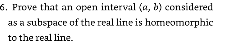 6. Prove that an open interval (a, b) considered
as a subspace of the real line is homeomorphic
to the real line.