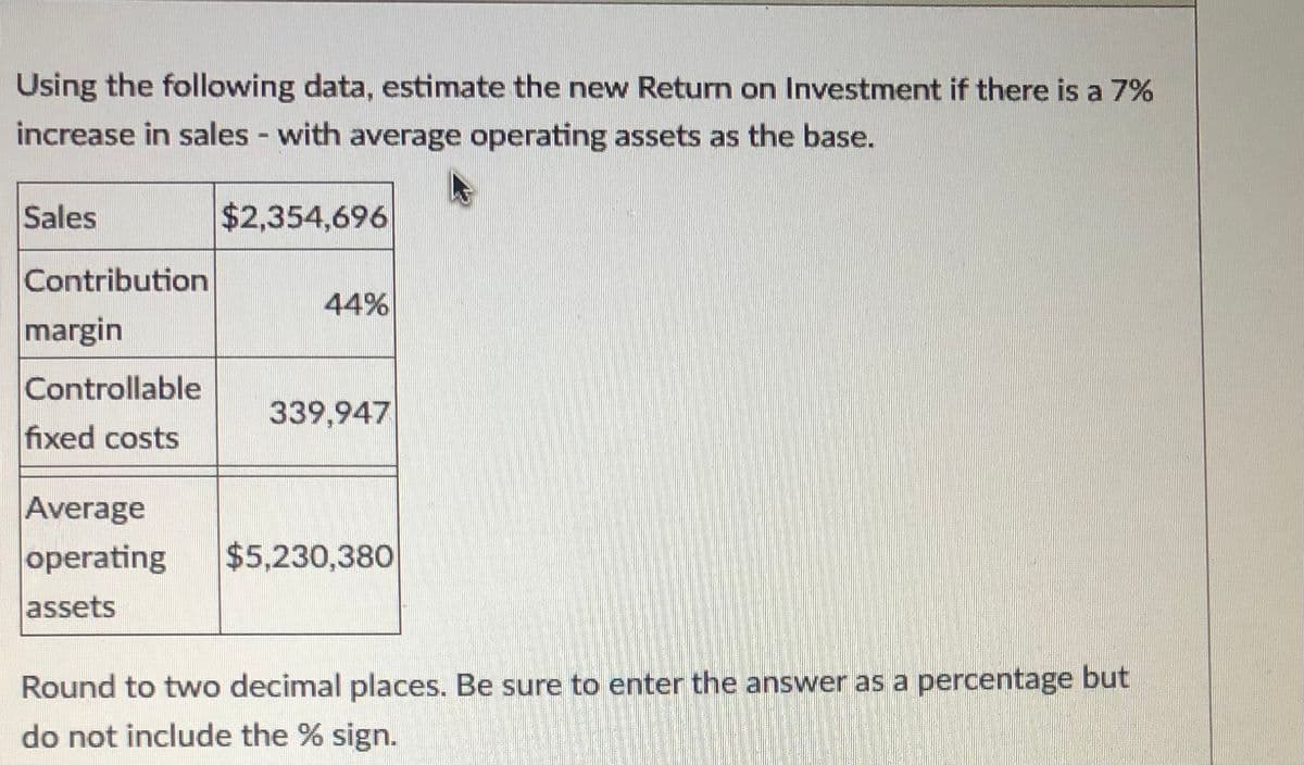 Using the following data, estimate the new Return on Investment if there is a 7%
increase in sales - with average operating assets as the base.
Sales
$2,354,696
Contribution
margin
44%
Controllable
339,947
fixed costs
Average
operating
$5,230,380
assets
Round to two decimal places. Be sure to enter the answer as a percentage but
do not include the % sign.

