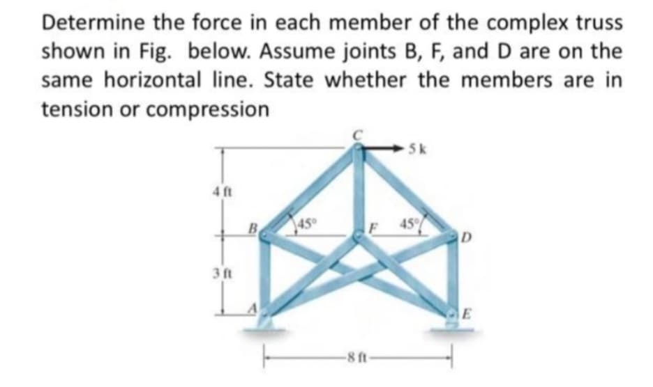 Determine the force in each member of the complex truss
shown in Fig. below. Assume joints B, F, and D are on the
same horizontal line. State whether the members are in
tension or compression
4 ft
3 ft
B
45°
5 k
F 45%
-8 ft-
D
E