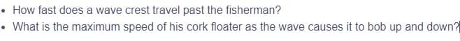 • How fast does a wave crest travel past the fisherman?
• What is the maximum speed of his cork floater as the wave causes it to bob up and down?