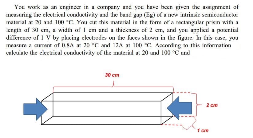 You work as an engineer in a company and you have been given the assignment of
measuring the electrical conductivity and the band gap (Eg) of a new intrinsic semiconductor
material at 20 and 100 °C. You cut this material in the form of a rectangular prism with a
length of 30 cm, a width of 1 cm and a thickness of 2 cm, and you applied a potential
difference of 1 V by placing electrodes on the faces shown in the figure. In this case, you
measure a current of 0.8A at 20 °C and 12A at 100 °C. According to this information
calculate the electrical conductivity of the material at 20 and 100 °C and
30 ст
2 cm
1 ст
