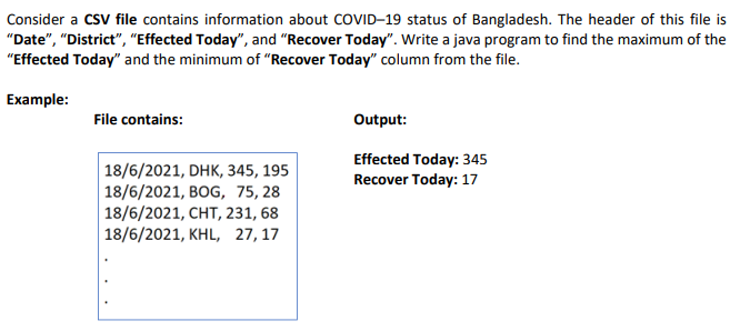 Consider a CSV file contains information about COVID-19 status of Bangladesh. The header of this file is
"Date", "District", "Effected Today", and "Recover Today". Write a java program to find the maximum of the
"Effected Today" and the minimum of "Recover Today" column from the file.
Example:
File contains:
Output:
Effected Today: 345
Recover Today: 17
18/6/2021, DHK, 345, 195
18/6/2021, BOG, 75, 28
18/6/2021, CHT, 231, 68
18/6/2021, KHL, 27,17