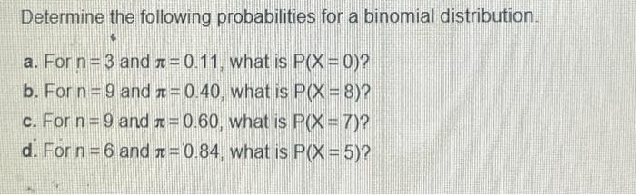 Determine the following probabilities for a binomial distribution.
a. For n=3 and = 0.11, what is P(X=0)?
b. For n=9 and
= 0.40, what is P(X=8)?
0.60, what is P(X= 7)?
=0.84, what is P(X= 5)?
c. For n=9 and
d. For n=6 and