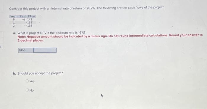 5
Consider this project with an internal rate of return of 28.7%. The following are the cash flows of the project.
Year Cash Flow
0
+$ 145
1
-105
2
-105
a. What is project NPV if the discount rate is 16%?
Note: Negative amount should be indicated by a minus sign. Do not round intermediate calculations. Round your answer to
2 decimal places.
NPV
b. Should you accept the project?
Yes
O No