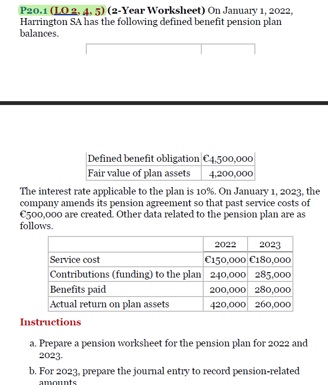 P20.1 (LO 2, 4, 5) (2-Year Worksheet) On January 1, 2022,
Harrington SA has the following defined benefit pension plan
balances.
Defined benefit obligation €4,500,000
Fair value of plan assets
4,200,000
The interest rate applicable to the plan is 10%. On January 1, 2023, the
company amends its pension agreement so that past service costs of
€500,000 are created. Other data related to the pension plan are as
follows.
2022
2023
Service cost
€150,000 €180,000
Contributions (funding) to the plan 240,000 285,000
Benefits paid
200,000 280,000
Actual return on plan assets
420,000 260,000
Instructions
a. Prepare a pension worksheet for the pension plan for 2022 and
2023.
b. For 2023, prepare the journal entry to record pension-related
amounts

