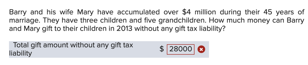 Barry and his wife Mary have accumulated over $4 million during their 45 years of
marriage. They have three children and five grandchildren. How much money can Barry
and Mary gift to their children in 2013 without any gift tax liability?
Total gift amount without any gift tax
liability
$ 28000 X