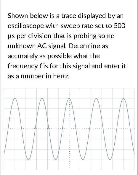 Shown below is a trace displayed by an
oscilloscope with sweep rate set to 500
us per division that is probing some
unknown AC signal. Determine as
accurately as possible what the
frequency f is for this signal and enter it
as a number in hertz.