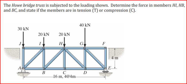 The Howe bridge truss is subjected to the loading shown. Determine the force in members HI, HB,
and BC, and state if the members are in tension (T) or compression (C).
30 kN
A
20 KN
I
B
20 KN
H
C
16 m, 4@4m-
40 KN
G
D
F
4 m
E-
0001