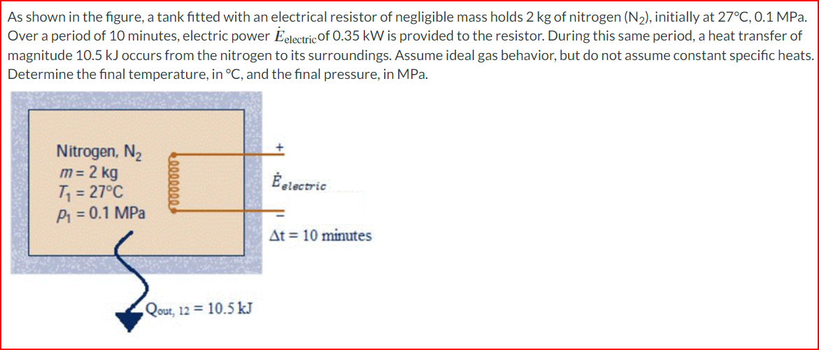 As shown in the figure, a tank fitted with an electrical resistor of negligible mass holds 2 kg of nitrogen (N₂), initially at 27°C, 0.1 MPa.
Over a period of 10 minutes, electric power Eelectric of 0.35 kW is provided to the resistor. During this same period, a heat transfer of
magnitude 10.5 kJ occurs from the nitrogen to its surroundings. Assume ideal gas behavior, but do not assume constant specific heats.
Determine the final temperature, in °C, and the final pressure, in MPa.
Nitrogen, N₂
m = 2 kg
T₁ = 27°C
P₁ = 0.1 MPa
eeeeeee
Qout, 12 = 10.5 kJ
É electric
At 10 minutes