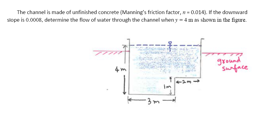The channel is made of unfinished concrete (Manning's friction factor, n = 0.014). If the downward
slope is 0.0008, determine the flow of water through the channel when y = 4 m as shown in the figure.
ground
surface
4 m
-3m
