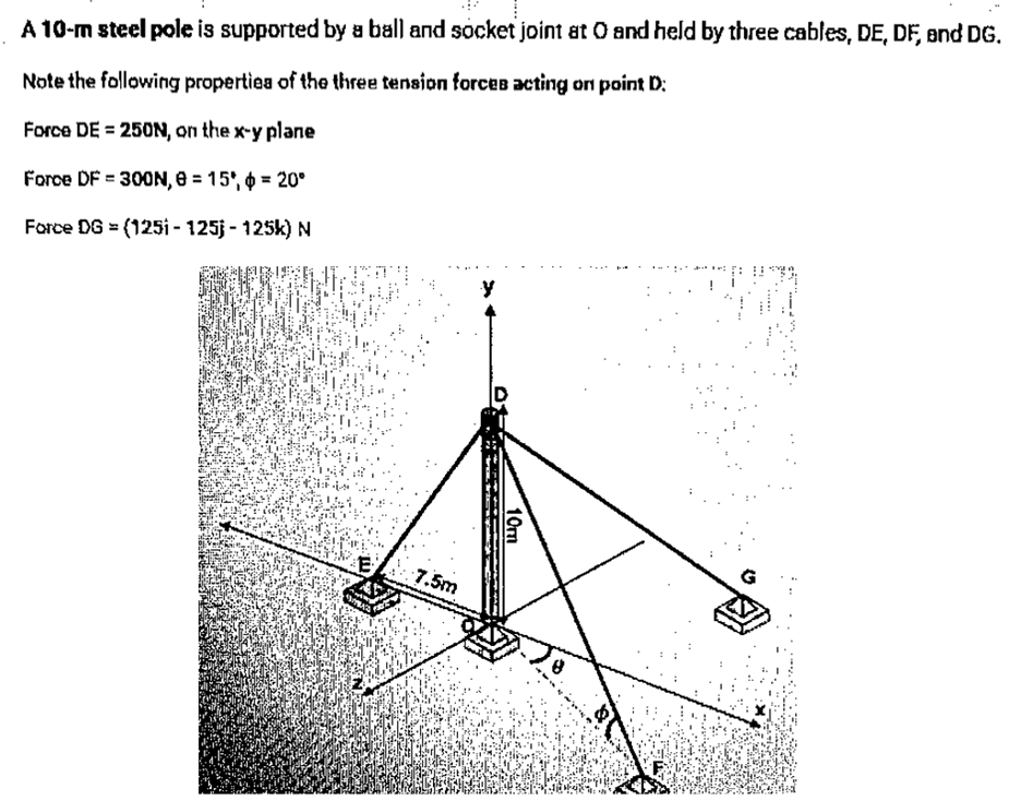 A 10-m steel pole is supported by a ball and socket joint at O and held by three cables, DE, DF, and DG.
Note the following properties of the three tension forces acting on point D:
Force DE = 250N, on the x-y plane
Force DF = 300N, 8 = 15*, ¢ = 20°
Force DG = (125i-125j - 125k) N
7.5m
10mm
: