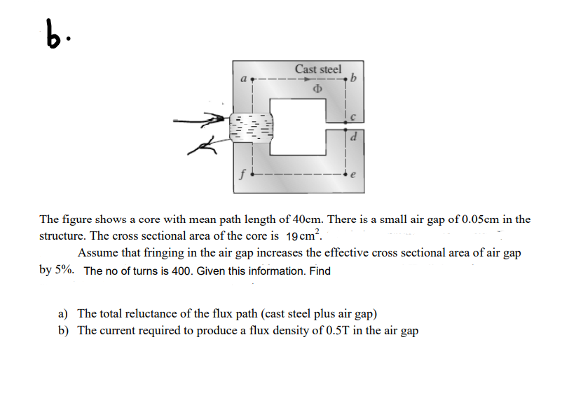 b.
Cast steel
Ф
The figure shows a core with mean path length of 40cm. There is a small air gap of 0.05cm in the
structure. The cross sectional area of the core is 19 cm?.
Assume that fringing in the air gap increases the effective cross sectional area of air gap
by 5%. The no of turns is 400. Given this information. Find
a) The total reluctance of the flux path (cast steel plus air gap)
b) The current required to produce a flux density of 0.5T in the air gap
