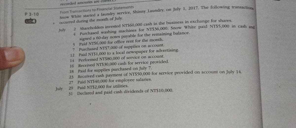 P 3-10
LO4
recorded amounts are corre
From Transactions to Financial Statements
Snow White started a laundry service, Shinny Laundry, on July 1, 2017. The following transactions
occurred during the month of July.
July
July
2 Shareholders invested NT$60,000 cash in the business in exchange for shares.
4 Purchased washing machines for NT$36,000. Snow White paid NT$5,000 in cash and
signed a 60-day notes payable for the remaining balance.
Paid NT$6,000 for office rent for the month.
5
7
Purchased NT$7,000 of supplies on account.
Paid NT$1,000 to a local newspaper for advertising.
Performed NT$80,000 of service on account.
Received NT$30,000 cash for service provided.
18
Paid for supplies purchased on July 7.
23
Received cash payment of NT$50,000 for service provided on account on July 14.
Paid NT$40,000 for employee salaries.
27
29 Paid NTS2,000 for utilities.
31 Declared and paid cash dividends of NT$10,000.
12
14
16