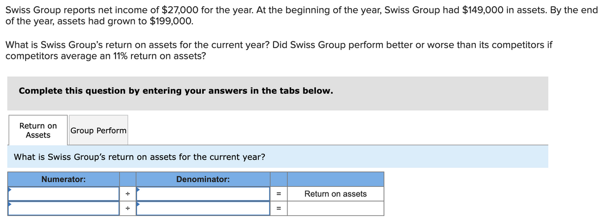 Swiss Group reports net income of $27,000 for the year. At the beginning of the year, Swiss Group had $149,000 in assets. By the end
of the year, assets had grown to $199,000.
What is Swiss Group's return on assets for the current year? Did Swiss Group perform better or worse than its competitors if
competitors average an 11% return on assets?
Complete this question by entering your answers in the tabs below.
Return on
Assets
Group Perform
What is Swiss Group's return on assets for the current year?
Numerator:
Denominator:
=
Return on assets