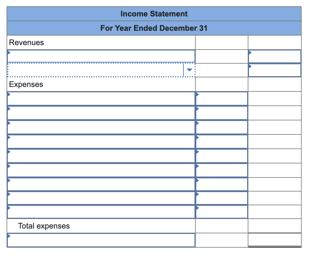 Revenues
Expenses
Total expenses
Income Statement
For Year Ended December 31