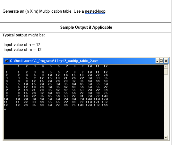 Generate an (n X m) Multiplication table. Use a nested-loop.
Sample Output if Applicable
Typical output might be:
input value of n = 12
input value of m = 12
GA 0:Ruel Lauron\C_Programs\1 2by12_multip_table_2.exe
10
11
12
18
20
11
22
33
44
55
66
77
88
99 108
14
21
24 28
30 35
36
35 42
48
24 27 30
32 36 40
40 45 50
54
63
22
36
48
60
72
84
96
25
30
28
32
36
42
49
56
48
56
40
45
50
64
86
54
22
81
60
90 100 110 120
99 110 121 132
96 108 120 132 144
72
:品器光
123
6.
1120
1222333
L1112N 22
