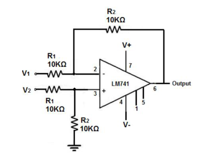 R2
10KΩ
V+
R1
10KΩ
7
2
V1 W
LM741
Output
V2 W
6
R1
10KO
5
R2
10KΩ
V-
