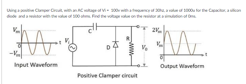 Using a positive Clamper Circuit, with an AC voltage of Vi = 100v with a frequency of 30hz, a value of 1000u for the Capacitor, a silicon
diode and a resistor with the value of 100 ohms. Find the voltage value on the resistor at a simulation of Oms.
Vm
2Vm
Vo
-Vm
Input Waveform
Output Waveform
Positive Clamper circuit
