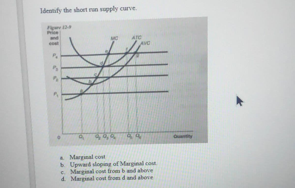 Identify the short run supply curve.
Figure 12-9
Price
and
cost
P₂
P₂
MC
Q₂ Q₂ Q
ATC
AVC
00
a. Marginal cost
b. Upward sloping of Marginal cost.
c. Marginal cost from b and above
d. Marginal cost from d and above
Quantity
