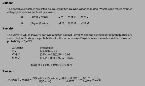 Part (a):
The possible outcomes are listed below, organized by who wins the match. Within each match winner
category, who wins each set is shown.
1)
11)
Player V wins:
vv
VMV MVV
Player M wins.
MM MVM VMM
Part (b):
The ways in which Player V can win a match against Player M and the corresponding probabilities are
shown below. Adding the probabilities for the various ways Player V wins the match yields the overall
probability of 0.4575.
Outcome
VV
VMV
MVV
Probability
(0.5)(0.6)=0.3
(0.5)(1 -0.6) (0.45) = 0.09
(0.5)(1 0.7)(0.45) = 0.0675
Total: 0.3 + 0.09 +0.0675 = 0.4575
Part (c):
P(3 sets | V wins) =
P(3 sets and V wins) (0.09 +0.0675)
P(V wins)
0.4575
0.1575
≈ 0.344
0.4575