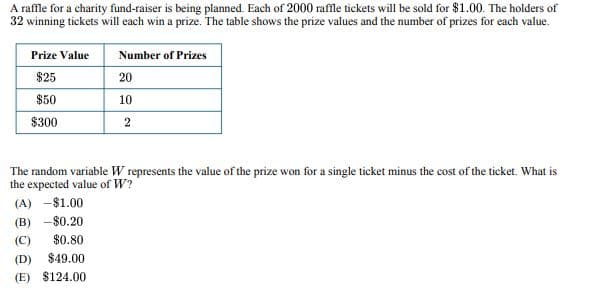 A raffle for a charity fund-raiser is being planned. Each of 2000 raffle tickets will be sold for $1.00. The holders of
32 winning tickets will each win a prize. The table shows the prize values and the number of prizes for each value.
Prize Value
Number of Prizes
20
$25
$50
10
$300
2
The random variable W represents the value of the prize won for a single ticket minus the cost of the ticket. What is
the expected value of W?
(A) -$1.00
(B) -$0.20
(C) $0.80
(D) $49.00
(E) $124.00