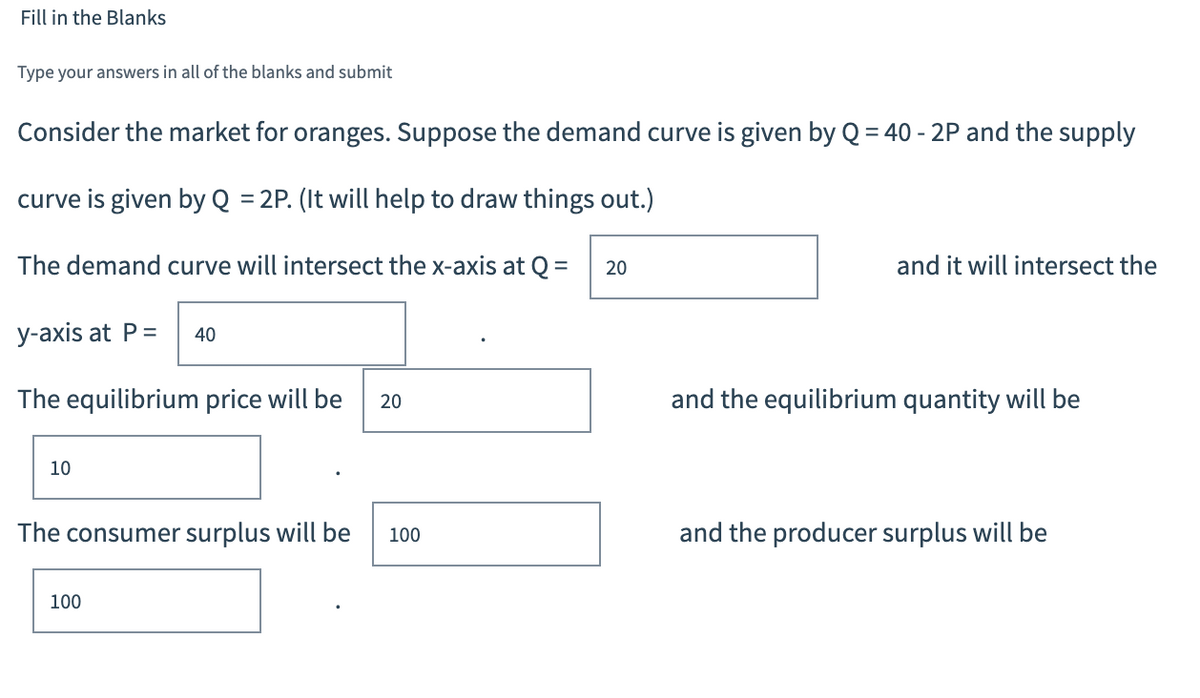 Fill in the Blanks
Type your answers in all of the blanks and submit
Consider the market for oranges. Suppose the demand curve is given by Q = 40 - 2P and the supply
curve is given by Q = 2P. (It will help to draw things out.)
The demand curve will intersect the x-axis at Q =
20
and it will intersect the
y-axis at P =
40
The equilibrium price will be
20
and the equilibrium quantity will be
10
The consumer surplus will be
100
and the producer surplus will be
100
