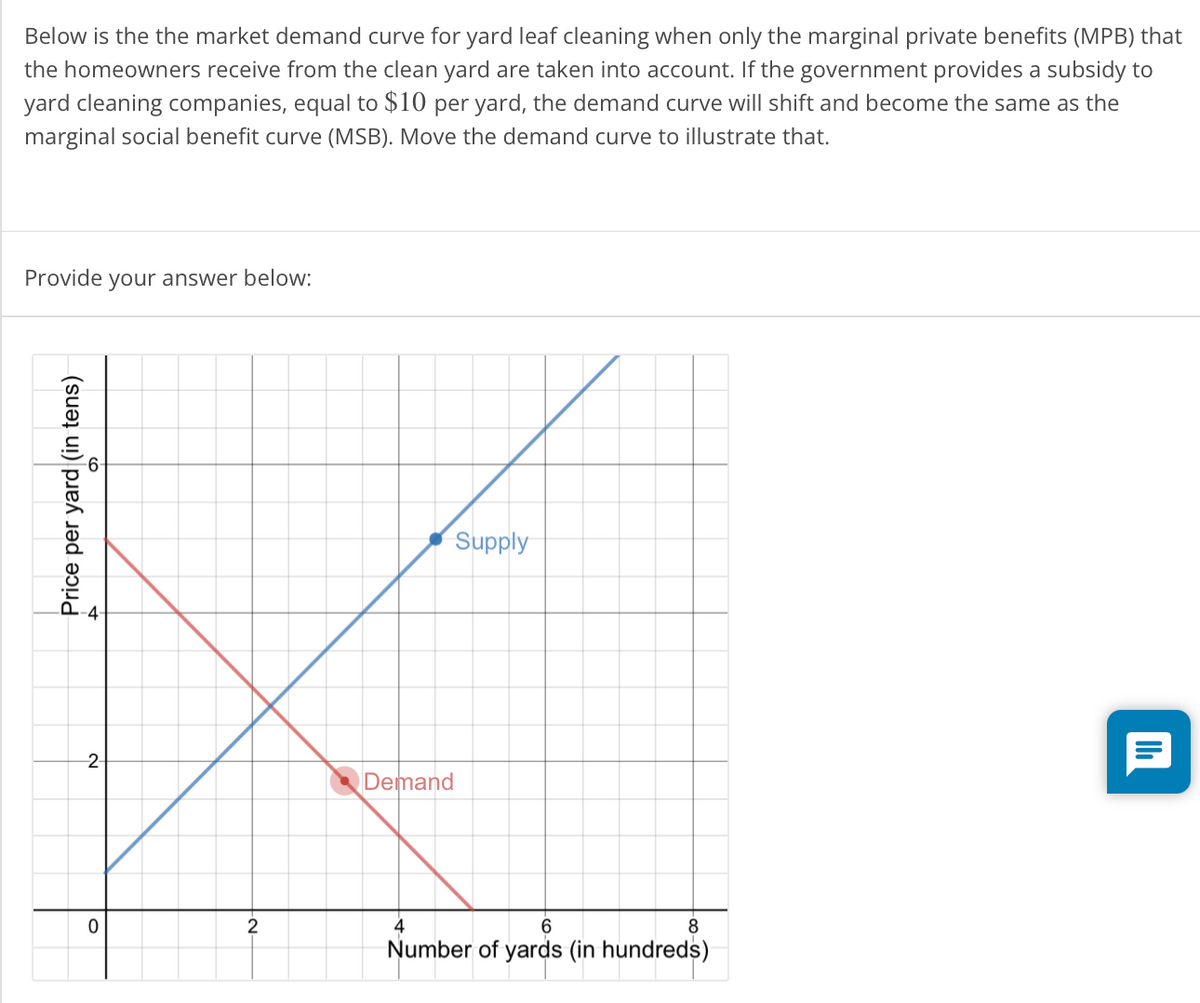 Below is the the market demand curve for yard leaf cleaning when only the marginal private benefits (MPB) that
the homeowners receive from the clean yard are taken into account. If the government provides a subsidy to
yard cleaning companies, equal to $10 per yard, the demand curve will shift and become the same as the
marginal social benefit curve (MSB). Move the demand curve to illustrate that.
Provide your answer below:
Supply
2-
Demand
2
4
8
Number of yards (in hundreds)
Price per yard (in tens)
