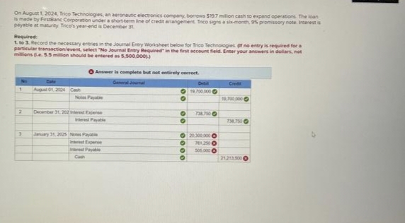 On August 1, 2024, Trico Technologies, an aeronautic electronics company, borrows $197 million cash to expand operations. The loan
is made by FirstBanc Corporation under a short-term Ine of credit arrangement Trico signs a six-month, 9% promissory note. Interest is
payable at maturity Trico's year-erid is December 31
Required:
1 to 3. Record the necessary entries in the Journal Entry Worksheet below for Trico Technologies of no entry is required for a
particular transaction/event, select "No Journal Entry Required in the first account field. Enter your answers in dollars, not
millions (e. 5.5 million should be entered as 5.500,0001)
1
2
3
Date
August 01, 2004 Cash
Answer is complete but not entirely correct.
General Journal
December 31, 202 st Expense
Payable
January 31, 2025 Nos Payable
Interest Payable
00
00
0000
Debit
19.700.000
738.750
20.300.000-
7612500
505.000
Credit
18,700,000
738.750
21.213.500