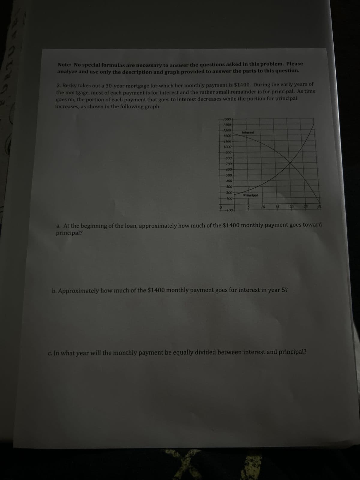 Note: No special formulas are necessary to answer the questions asked in this problem. Please
analyze and use only the description and graph provided to answer the parts to this question.
3. Becky takes out a 30-year mortgage for which her monthly payment is $1400. During the early years of
the mortgage, most of each payment is for interest and the rather small remainder is for principal. As time
goes on, the portion of each payment that goes to interest decreases while the portion for principal
increases, as shown in the following graph:
1500
1400-
1300
interest
1200
1100-
1000
900-
800-
700-
-600-
500
400
300
200
Principal
100
100-
15
20
a. At the beginning of the loan, approximately how much of the $1400 monthly payment goes toward
principal?
b. Approximately how much of the $1400 monthly payment goes for interest in year 5?
c. In what year will the monthly payment be equally divided between interest and principal?