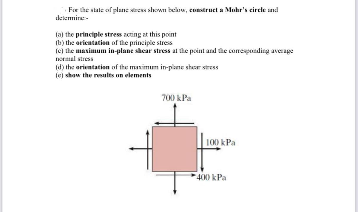 For the state of plane stress shown below, construct a Mohr's circle and
determine:-
(a) the principle stress acting at this point
(b) the orientation of the principle stress
(c) the maximum in-plane shear stress at the point and the corresponding average
normal stress
(d) the orientation of the maximum in-plane shear stress
(e) show the results on elements
700 kPa
100 kPa
400 kPa