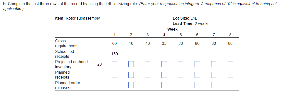 b. Complete the last three rows of the record by using the L4L lot-sizing rule. (Enter your responses as integers. A response of "0" is equivalent to being not
applicable.)
Item: Rotor subassembly
Lot Size: L4L
Lead Time: 2 weeks
Week
1
2
3
7
8
Gross
60
10
40
35
80
80
80
80
requirements
Scheduled
150
receipts
Projected on-hand
inventory
20
Planned
receipts
Planned order
releases
O O O
O O D
O O O
