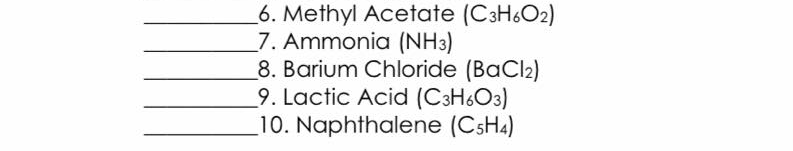 6. Methyl Acetate (C3H&O2)
7. Ammonia (NH3)
8. Barium Chloride (BaCl2)
9. Lactic Acid (C3H6O3)
10. Naphthalene (CSH4)
