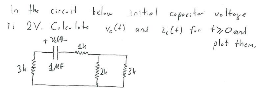 In the circuit
below
initial copacitor
voltage
ic(t) for t>, O and
plot them,
is 2V. Culcu lete
v.C4) and
+ Vel)-
1k
3k
AMF
24
34
