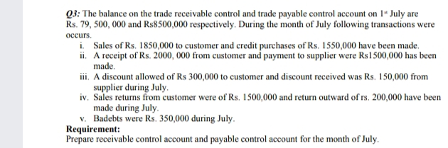 Q3: The balance on the trade receivable control and trade payable control account on 1ª July are
Rs. 79, 500, 000 and Rs8500,000 respectively. During the month of July following transactions were
occurs.
i. Sales of Rs. 1850,000 to customer and credit purchases of Rs. 1550,000 have been made.
ii. A receipt of Rs. 2000, 000 from customer and payment to supplier were Rs1500,000 has been
made.
ii. A discount allowed of Rs 300,000 to customer and discount received was Rs. 150,000 from
supplier during July.
iv. Sales returns from customer were of Rs. 1500,000 and return outward of rs. 200,000 have been
made during July.
v. Badebts were Rs. 350,000 during July.
Requirement:
Prepare receivable control account and payable control account for the month of July.
