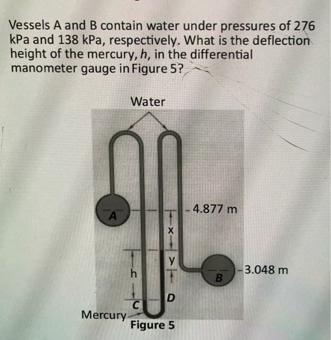 Vessels A and B contain water under pressures of 276
kPa and 138 kPa, respectively. What is the deflection
height of the mercury, h, in the differential
manometer gauge in Figure 5?
A
Water
h
Mercury.
X
Y
D
C
Figure 5
4.877 m
B
-3.048 m
