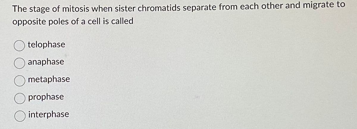 The stage of mitosis when sister chromatids separate from each other and migrate to
opposite poles of a cell is called
O telophase
anaphase
metaphase
prophase
O interphase