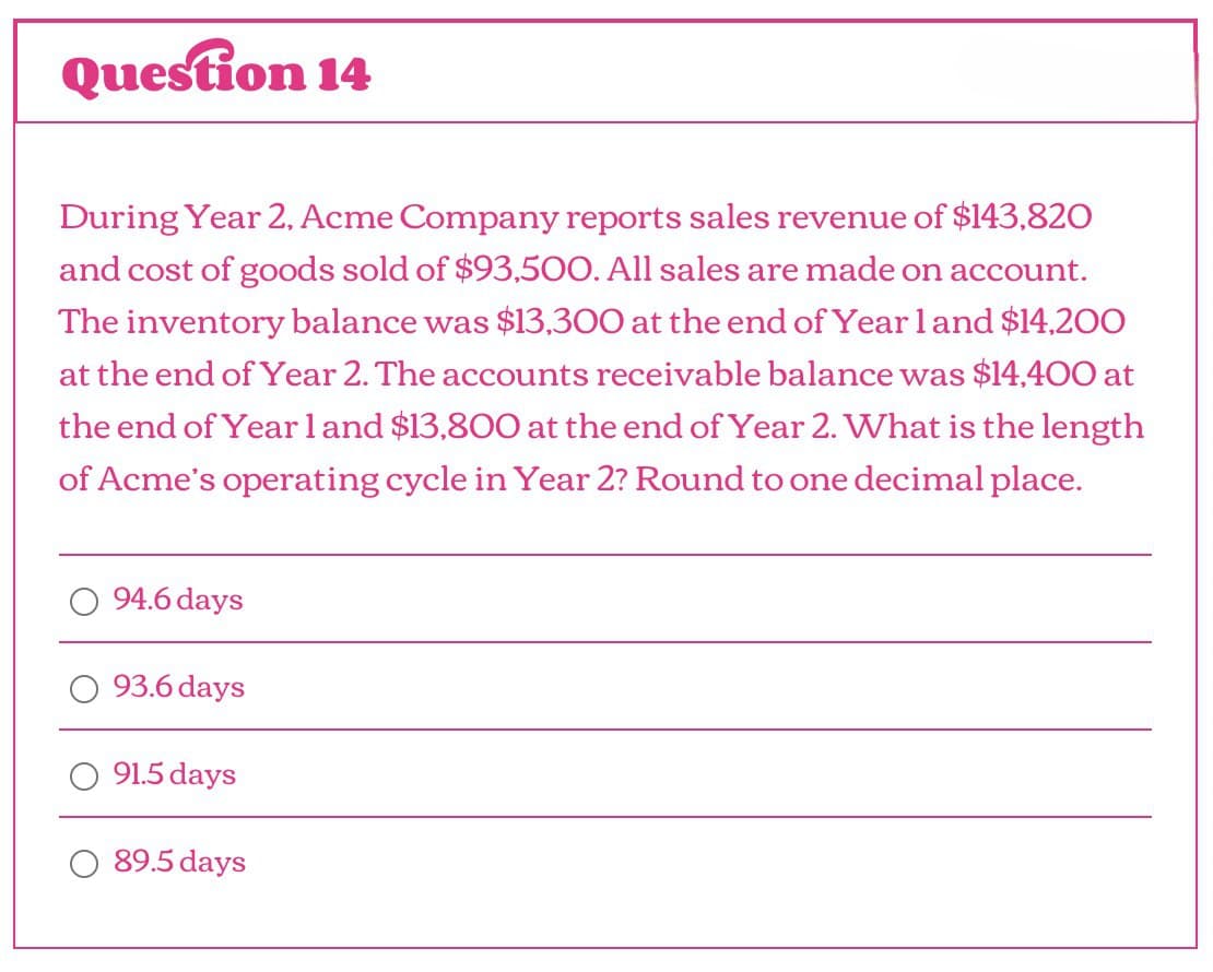 Question 14
During Year 2, Acme Company reports sales revenue of $143,820
and cost of goods sold of $93,500. All sales are made on account.
The inventory balance was $13,300 at the end of Year 1 and $14,200
at the end of Year 2. The accounts receivable balance was $14,400 at
the end of Year 1 and $13,800 at the end of Year 2. What is the length
of Acme's operating cycle in Year 2? Round to one decimal place.
94.6 days
93.6 days
91.5 days
○ 89.5 days