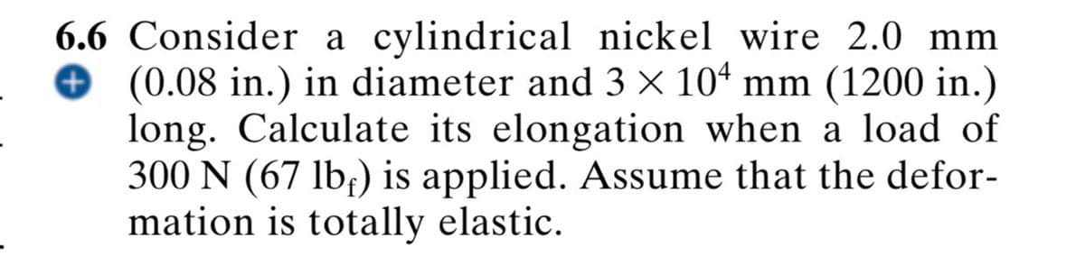 6.6 Consider a cylindrical nickel wire 2.0 mm
+ (0.08 in.) in diameter and 3 × 10ª mm (1200 in.)
long. Calculate its elongation when a load of
300 N (67 lb,) is applied. Assume that the defor-
mation is totally elastic.

