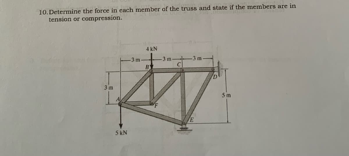 10. Determine the force in each member of the truss and state if the members are in
tension or compression.
4 kN
-3 m
3 m
3 m
5 m
F
5 kN
